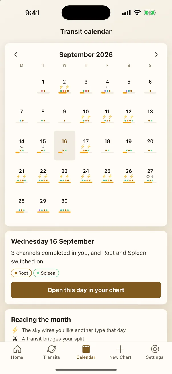 Transit calendar tab: a month grid with coloured centre dots and lightning marks for busy days, today's details, and a legend explaining each symbol.