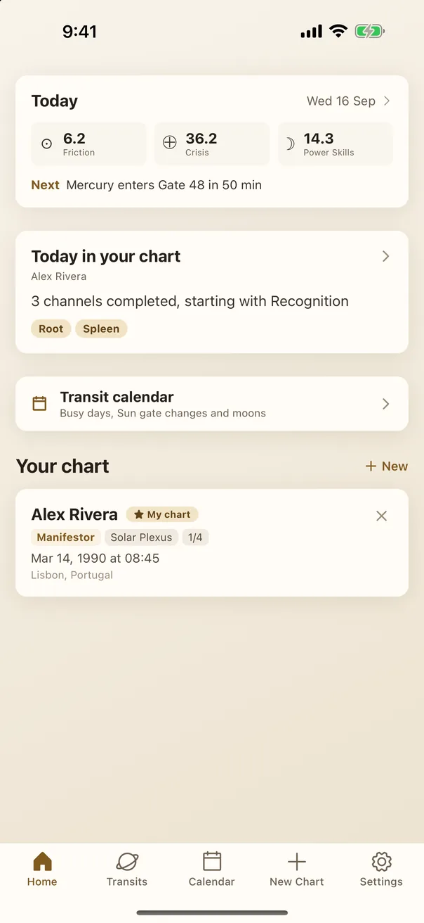 Home screen: a Today card with the Sun, Earth and Moon gates, what the sky is doing to your chart, and a saved chart card.